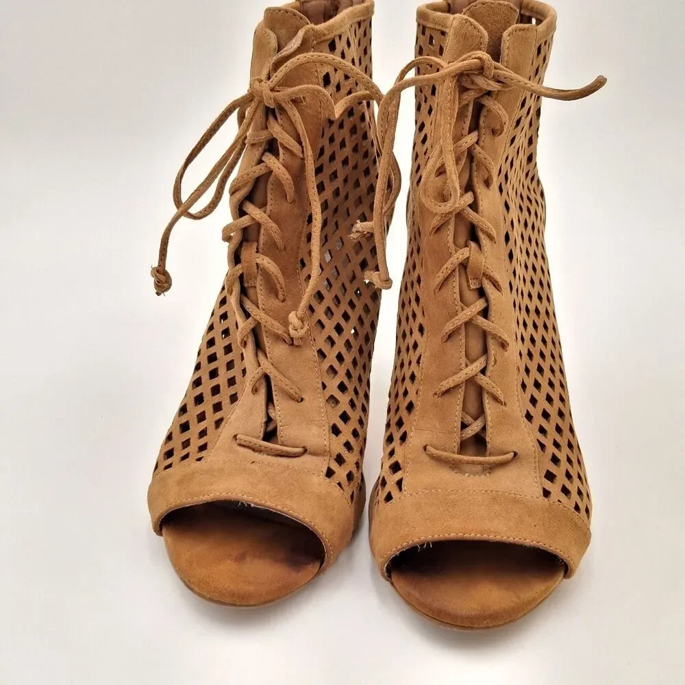 Rare Nine West Moustique Suede Sz 8M Women's Heeled Sandal Dark Natural Stiletto